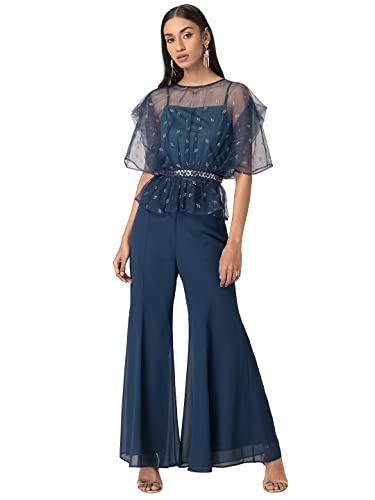 Image of Indya Women's Teal Organza Sequin Peplum Top with Attached Cami