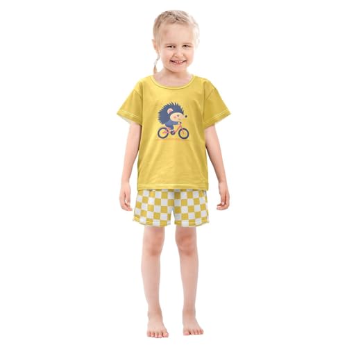 Checkerboard Plaid Hedgehog Ride Yellow Pajama Set Short Sleeve PJS 2 Piece Summer Pajamas Shorts Sets Cotton 5Y3