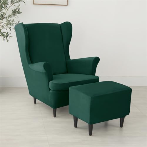 Funda para sillón orejero de terciopelo verde oscuro y protector elástico lavable 4
