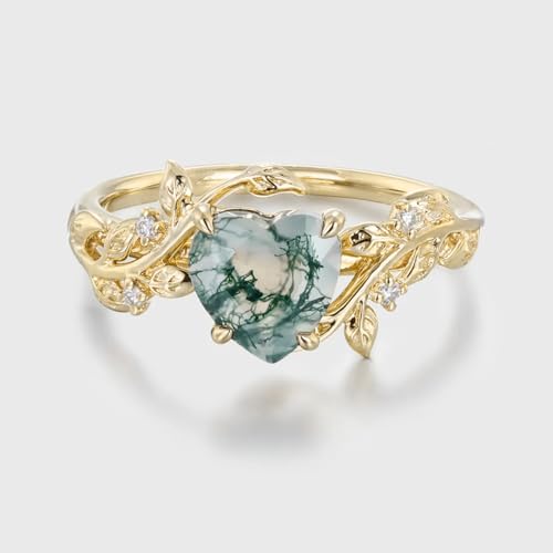 1CT Natural Moss Agate Engagement Rings for Women Nature Inspired Moss Agate Engagement Rings 925 Sterling Silver/10K/14K/18K Gold Wedding Rings for Wife Bridal Anniversary Promise Rings3