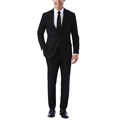 Haggar Men's Jm Premium Performance Stretch Stria Slim Fit 2-Button Suit Separate Coat, Black, 42L with Slim Fit Plain Front Suit Separate Pant, Black, 38Wx30L