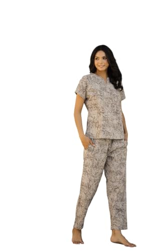 Image of SANSKRUTIHOMES Women's Premium 100% Cotton Printed Co-Ord Set | Short Sleeve Shirt & Pant Set | Pink Checkered Sun & Palm Tree Print | Casual Summer Resortwear, Vacation Wear & Comfortable Loungewear