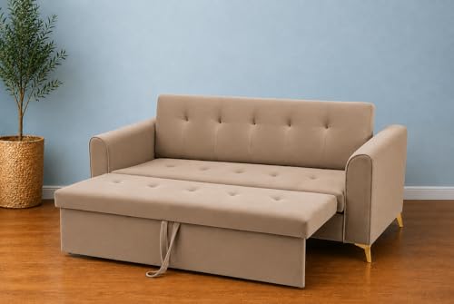 Image of Adorn India Premium Mystic - 3 Years Warranty - 3 Seater Sofa Cum Bed Velvet Suede Fabric - Beige