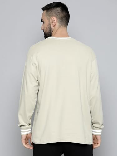 Image of Maniac Mens Miami Printed Round Neck Beige Fullsleeve Cotton Oversized T-Shirt