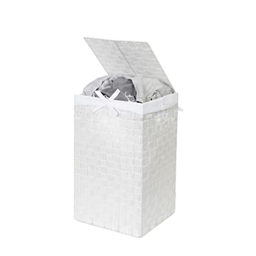 Compactor RAN6889 Stan Wäschekorb mit Deckel, Griffe, gewebt mit Metallrahmen, herausnehmbares Leinenfutter, 30 x 30 x 50 cm, Weiß