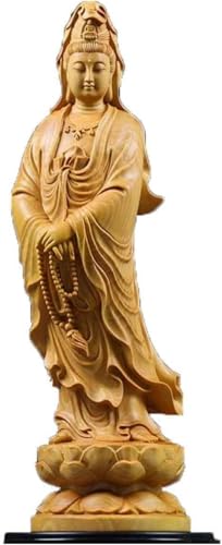 FryWare 風水 仏像 観音菩薩 白衣観音 観世音菩薩 観自在菩薩 六観音 立像 観音様 天然ツゲ 木彫り 観音仏像 厄除け 開運用 家庭用 オフィス用 置物 父母親 女友達 奥さん 先生 女性 贈り物 (イエロー,高い15CM)