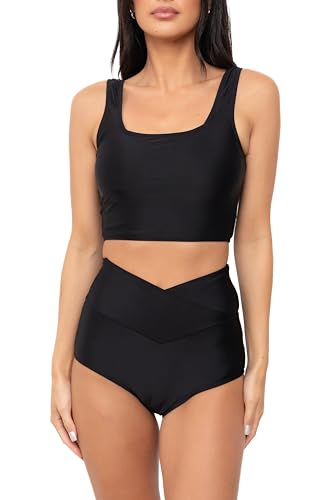 Coral Reef Swim Tankini Swimsuits for Women - Square Neck Tankini Top & High Rise V-Cut Bikini Bottom-Black - XL