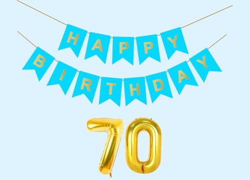 Image of 70th Sky Blue Happy Birthday Decoration Kit for 70 year Old Men Women with Number Seventy Party Decorations Decor Celebration Items Item Set Combo Reusable Paper Banner