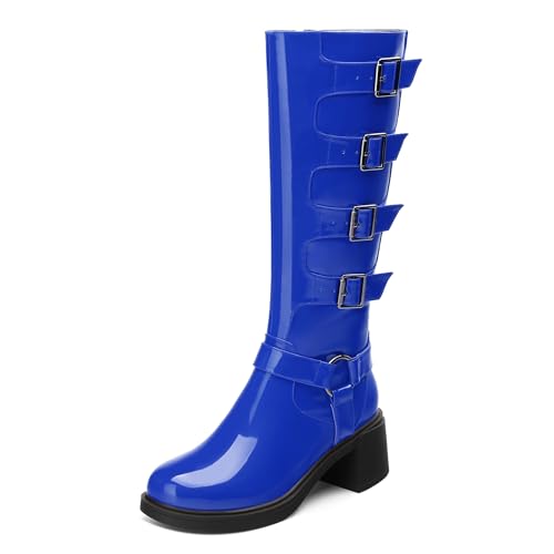 Women's Knee High Boots, Round Toe Low Heels Booties, Side Zipper Fashion Buckle Solid Knee High Boots for Women