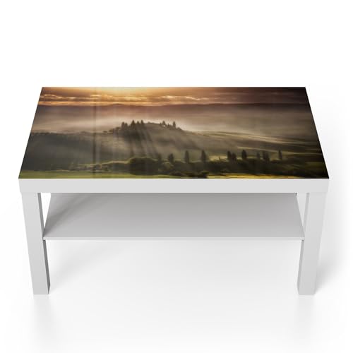 DEQORI Mesa de cristal | blanco grande 90 x 50 cm | diseño de magia de la mañana | mesa auxiliar de cristal brillante para el salón | moderna mesa de sofá con diseño