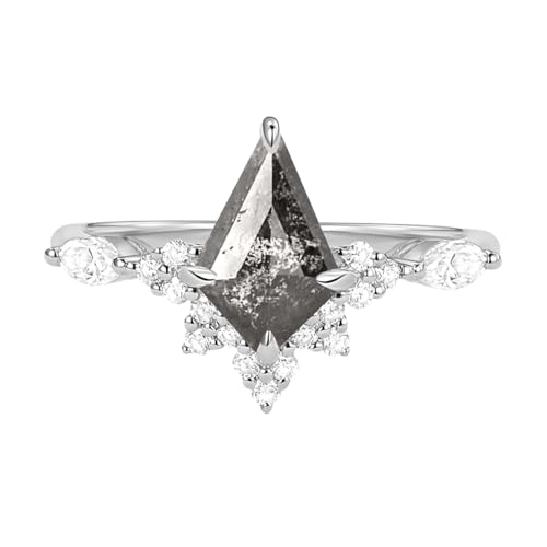 TACKAROR 1ct 1.5ct 2ct Salt and Pepper Diamond Engagement Ring - Kite Cut Salt and Pepper Diamond Rings White Yellow Rose 10K 14K 18K Solid Gold Sterling Silver Anniversary Promise Ring for Women(B)
