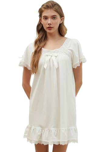 Nanxson Baumwolle Nachtwäsche für Damen Kurzarm/Langarm Nachthemd Vintage Viktorianisch Prinzessin Nachtkleid Spitze Ruffled Schlafanzug (S,Kurzarm...