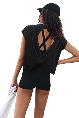 LASLULU Womens Open Back Workout Tops Short Sleeve Athletic Top Sleeveless Oversized Wrap Crop Tank Tops Running Gym Yoga Tee4