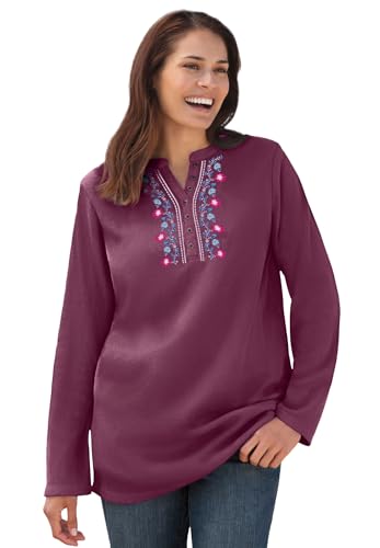 Woman Within Plus Size Embroidered Thermal Henley Tee