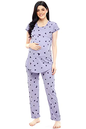 Image of ZEYO Women's Cotton Heart Printed Maternity & Feeding Relaxed Night Suit Set of Top & Pyjama Nursing Night Dress 5329 (Available in Plus Size)
