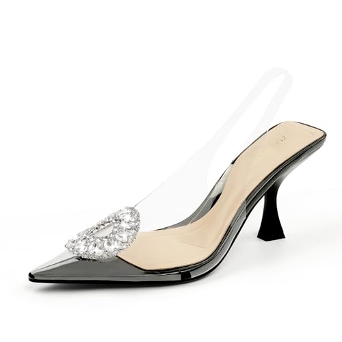 JENN ARDOR Clear Heels for Women Slingback Pointed Closed Toe Heels with Rhinestones 3 inch Comfortable Stiletto Sandals Pumps Wedding Party Dress Shoes