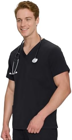 Scrub Tops for Men - Classic V-Neck Top with 4 Pockets, Side Slits, Black, L - 2