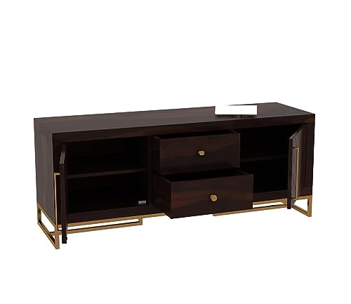 Image of Premium Solid Sheesham Wood TV Unit with 2 Drawers, 4 Shelves, and 2-Door Storage - Accommodates up to 55-Inch TV - Ideal for Living Room (Zane, Walnut Finish)
