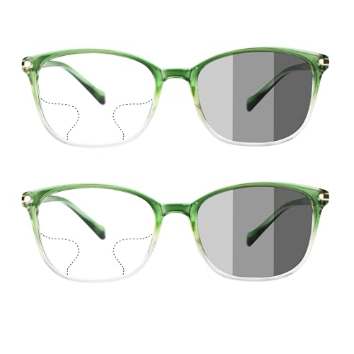 2Pairs VisionGlobal Portable Progressive Multifocal Glasses, Photochromic Gray Sunglasses for Unisex （Clear Green,+0.00/+1.25Magnification ）