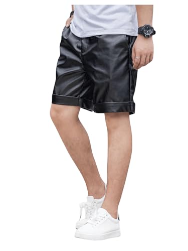 OYOANGLE Shorts masculinos de couro PU zíper perna reta calça curta clube, Preto, P