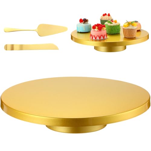 Wenqik 14 Inch Metal Gold Cake Stand with Cake Knife and Spatula, Round Dessert Table Display Stand Metal Dessert Tray Serving Platter for Party, Wedding, Birthday, Baby Shower, Anniversary