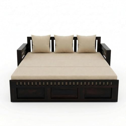 Image of SONA ART & CRAFTS Kuber Sheesham Wood Sofa Cum Bed with Bedside | 3 Seater with Storage and Side Pockets for Living Room Organizer Furniture Sofa Bed Home, Bedroom (Walnut Finish)