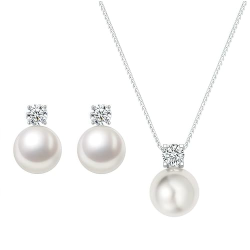 Pearl Earrings Necklace Set Silver Pearl Stud Earrings for Women Minimalist Pearl Earring Necklace Trendy Hypoallergenic Wedding Earrings for Women