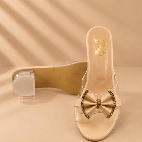 Image of Women's Transparent Block Heel Sandals with Rhinestone Bow, Clear Strap Slip-On Party Heels for Women