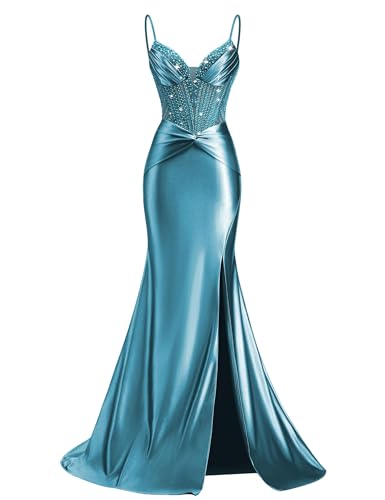 ZOOYYUE Kleid Elegant,Damen Perlen Korsett Glitzer Ballkleider Lang Schulterfrei Satin Abendkleider Elegant Für Hochzeit Mit Schlitz Silber 40