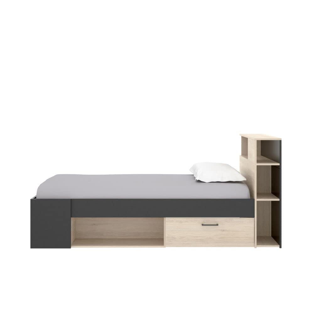 Mobelcenter, Cama Juvenil e Infantil Lanka de 90x190 con Cajones y Estantería, Color Grafito y Natural, Medidas: Ancho: 99 cm x Fondo: 218 cm x Alto: 96 cm (1349)