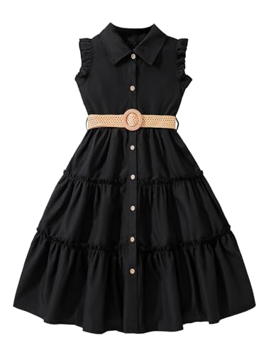 Girls Summer Dress Cute Ruffle Sleeve A Line Swing Party Dresses with Belt