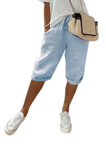 Women's Summer Casual Capris Pants Plus Size Drawstring Elastic Waist Rolled Hem Cropped Pants with Pockets