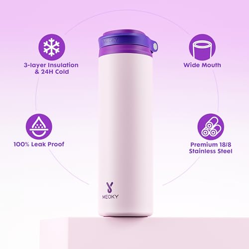 Image of Meoky 24 oz Insulated Water Bottle: Flip-to-Pop Straw, Leak Proof, 24H Cold, Fits in Car Cup Holder, Wide Mouth, BPA-Free, Stainless Steel Water Bottle for Women Teen Girls, Dreamy Field