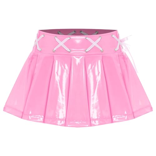 Women's Wet Look PVC Leather Skirt Holographic Lace-up Zipper A-Line Pleated Mini Skirts2
