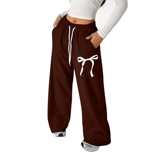 Baggy Sweatpants for Girls Cute Bow Straight Wide Leg Sweat Pants Trendy Teens Elastic Waist Athletic Joggers with Pockets