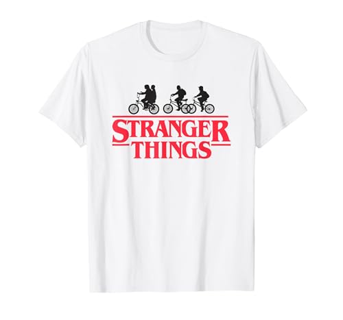 Stranger Things Silhouette Bike Logo Camiseta, Hombre, Blanco, S