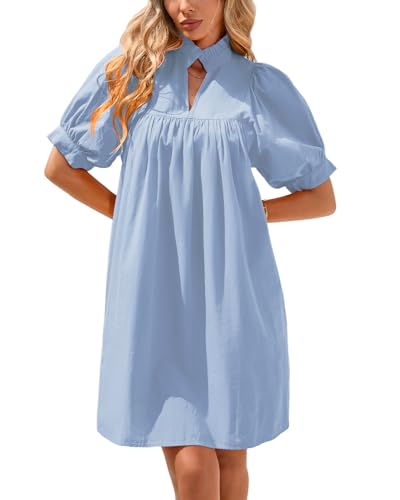 Image of YEXPINE Women's Ruffle Collar High Neck Mini Dress Puff Short Sleeve Cotton Babydoll Peplum Dresses with Pockets