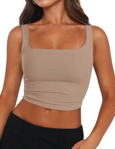Zeagoo Crop Tops for Women Double Lined Basic Tank Top 2026 Summer Sleeveless Shirts Khaki - image 1