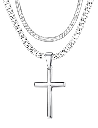 925 Sterling Silver Cross Necklace Men - Layered Cross Pendant Necklaces Waterproof Stainless Steel Cuban Link Herringbone Chain Silver Necklace Stack Jewelry with Gift Box 16-30 Inches