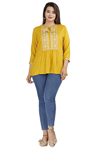 Image of Shiva Fab Short Kurti for Women | Embroidered Straight Rayon Kurta | Round Neck Full Sleeves Short Kurti for Women's