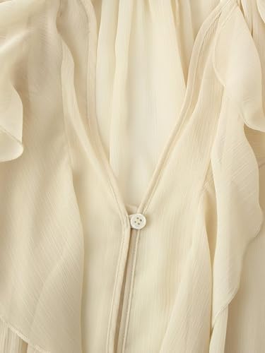 Womens Ruffle Chiffon Blouse Trendy Semi Sheer V Neck Top Long Sleeve Button Down Oversized Shirts3