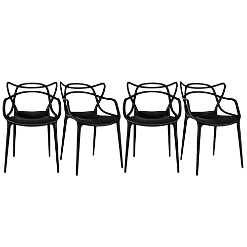 2xhome Modern Dining Chair | Stackable Indoor or Outdoor Entangled Side Chair | Weather Resistant Plastic for Kitchen, Patio, Restaurant, Yard, Porch, Balcony (Set of 4, Black)