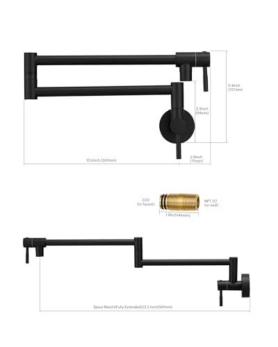Fransiton Matte Black Pot Filler, Pot Filler Faucet Wall Mount, Brass Folding Stretchable with Double Joint Swing Arm Single Hole Two Handles Kitchen Restaurant