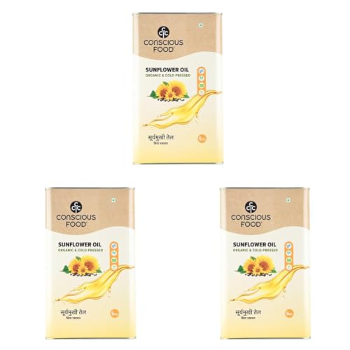 Image of Conscious Food Cold Pressed Sunflower Oil | 5 Litre | Natural | Healthy Cooking Oil | Tin Can | High in Antioxidants, Delicious & Healthy (Pack of 3)
