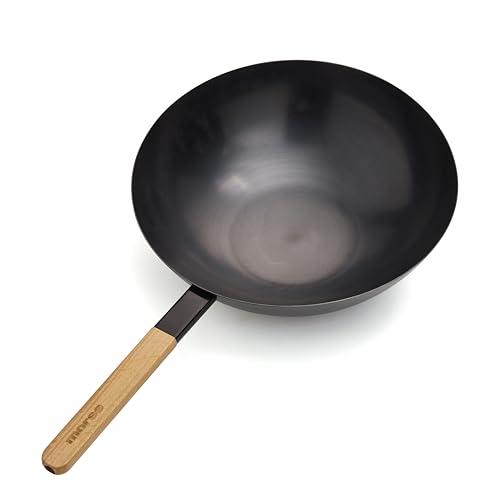 Morsø Vulcano Wok Pan – Wok Pan with Round Base, Made of Coated Carbon Steel, Accessory for Vulcano Wok Burner, Pan with Long Wooden Handle, 36 x 55.5 x 12 cm, Anthracite