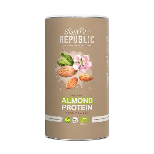 HARVEST REPUBLIC Bio Mandelprotein Protein Pulver Natur 550 g | Veganes Proteinpulver aus Mandeln | Bis zu 13,8 g Protein pro Portion | Bio Proteinpulver ohne Zusatzstoffe