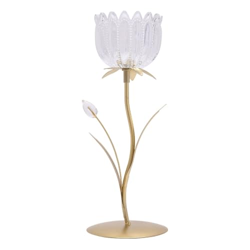 Image of Single Stem Flower Tea Light Candle Holder, Gold Metal and Clear Glass, 27.5cm