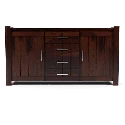 Image of Solid Sheesham Wood Wooden Sideboard Storage Cabinet & Chest of Drawer : Ideal for Living Room and Bedroom with 4 Drawers and 4-Shelf Storage (Chevalier, Walnut Finish)