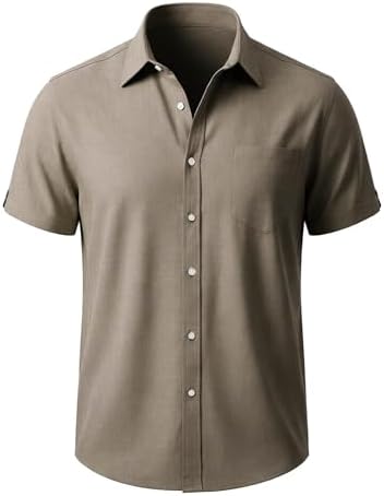 Dress Shirt for Men 2026 Linen Short Sleeve Summer Beach Shirt Soft Comfy Collared Button Down Shirt Cruise Wear Khaki - 2