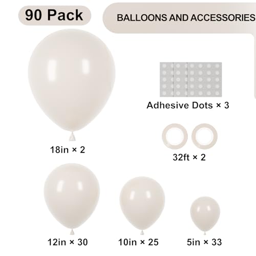 Image of Voircoloria 90pack White Sand Balloons Different Size 18 /12 /10 /5 Inch Sand White Balloon Garland Arch Kit for Wedding, Bridal, Baby Shower, Birthday, Graduation, Anniversary, Bachelorette Decorations